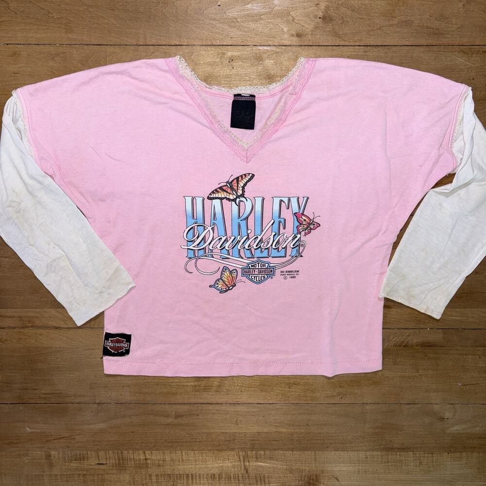 Vintage 80s Harley Davidson Baby Tee Crop Top T Shirt Pink 3D Emblem Bike Week